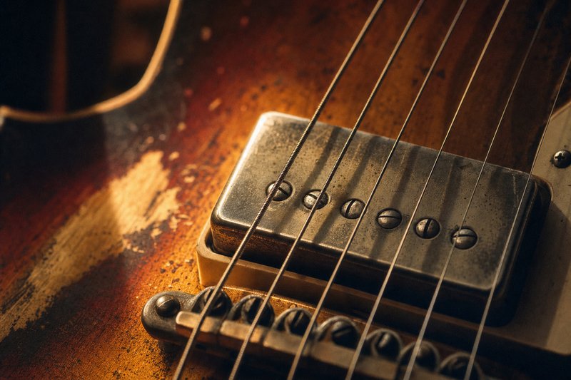 Primo piano del pickup e delle corde d’acciaio di una chitarra elettrica dal corpo consumato – AI