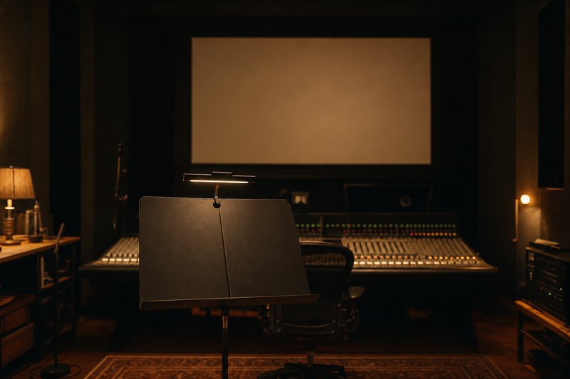 Una sala di registrazione per musiche da film con leggio e schermo di proiezione acceso su un fotogramma vuoto. – AI