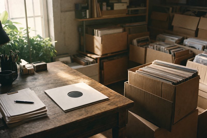 Scatole di dischi in vinile impilate nel magazzino di una piccola etichetta, accanto a una scrivania con documenti. – AI
