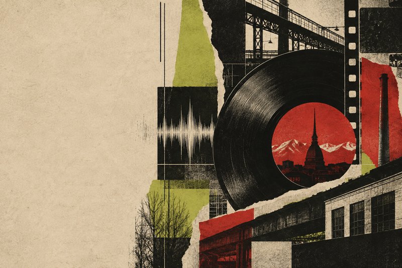 Collage illustrato di Torino con la Mole Antonelliana, un disco in vinile e simboli di cinema e musica