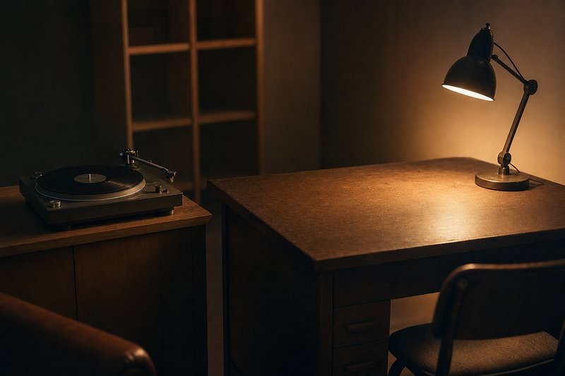 Il retro di un piccolo ufficio discografico con scatole d'archivio e un giradischi sotto una lampada – AI