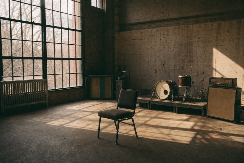 Una sala prove ricavata in un ex spazio industriale, con finestre alte, amplificatori e una pedana per la batteria. – AI