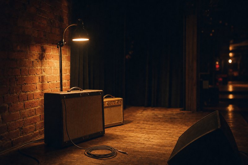 Palco vuoto di un piccolo locale con due amplificatori per chitarra e un cavo arrotolato sul pavimento – AI