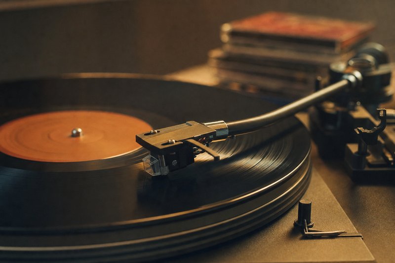 Un disco in vinile sul piatto di un giradischi, con il braccio appoggiato sul solco iniziale. – AI